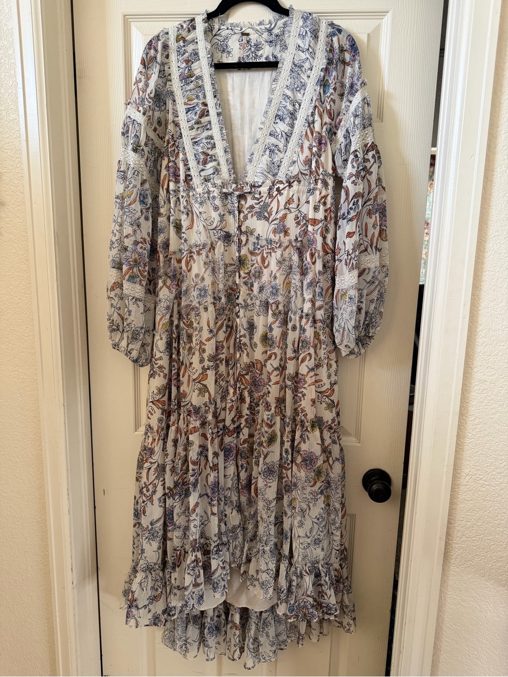 Free People Cream Floral Maxi Dress with Blue and Brown Accents